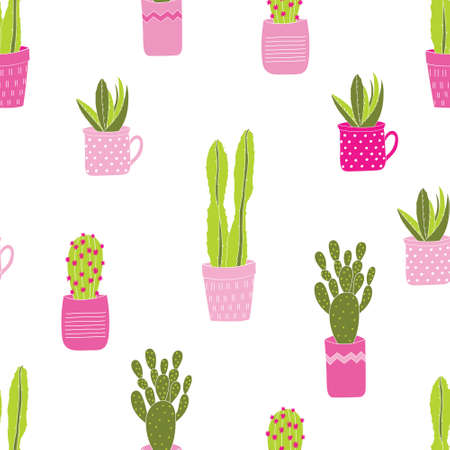 Seamless vector pattern with cute colorful green succulents in pink pots with a white background.のイラスト素材