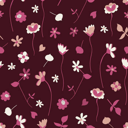 Pink and Peach Wildflowers with Daisies Seamless Pattern with Burgundy Backgroundのイラスト素材