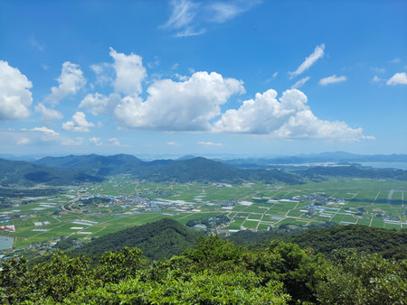 Aerial view of the mountain in sunny dayの写真素材