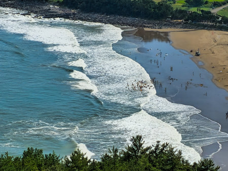 Aerial view of the beach with waves crashing on the sand.