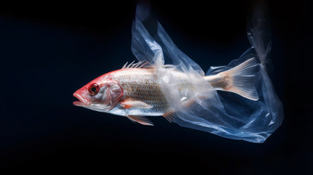 A fish caught in a plastic bag under the seaの素材