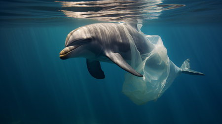 A dolphin trapped in a plastic bag in the ocean. Environmental protection. A dolphin stuck in a plastic bag. The concept of ocean pollution.の素材