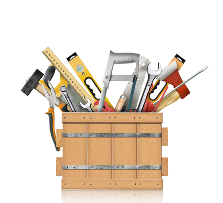 Tools of the carpenter, locksmith for household works in a wooden boxの写真素材