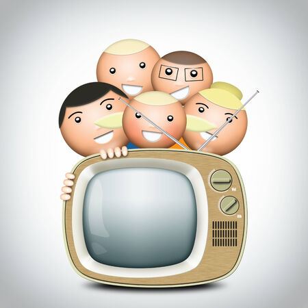 Retro TV and funny family with an antennaの写真素材