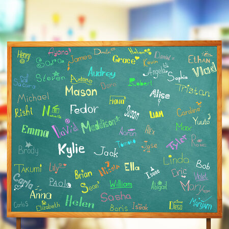 Names and pictures of children at school boardの写真素材