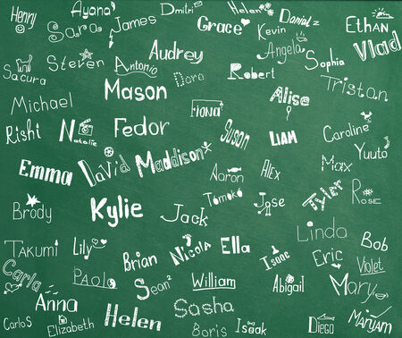 Names and pictures of children at school boardの写真素材