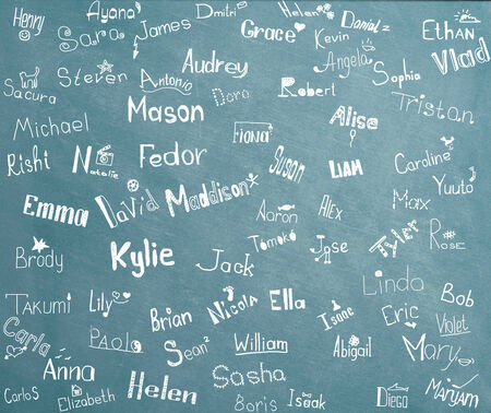 Names and pictures of children at school boardの写真素材