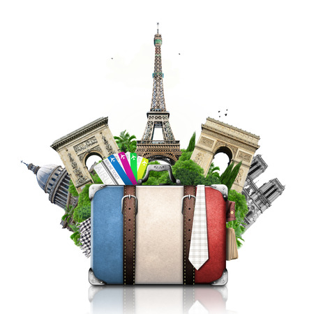 France and attractions of Paris, retro suitcase, travelの写真素材