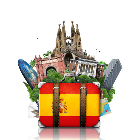 Spain, landmarks Madrid and Barcelona, travel suitcaseの写真素材
