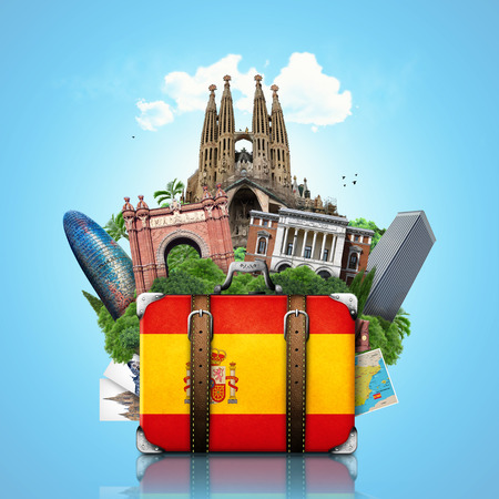 Spain, landmarks Madrid and Barcelona, travel suitcaseの写真素材