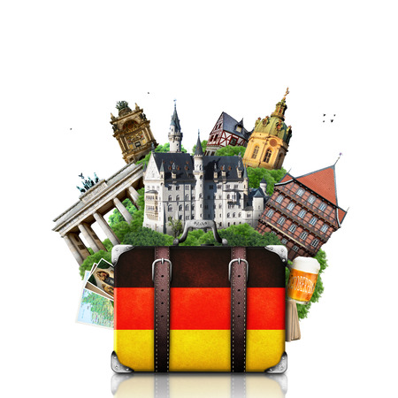 Germany, German landmarks, travel and retro suitcaseの写真素材