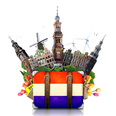 Holland, Amsterdam landmarks, travel and retro suitcaseの写真素材