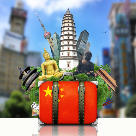 China, China landmarks, travel and retro suitcaseの写真素材