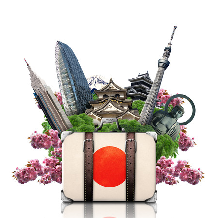 Japan, japan landmarks, travel and retro suitcaseの写真素材