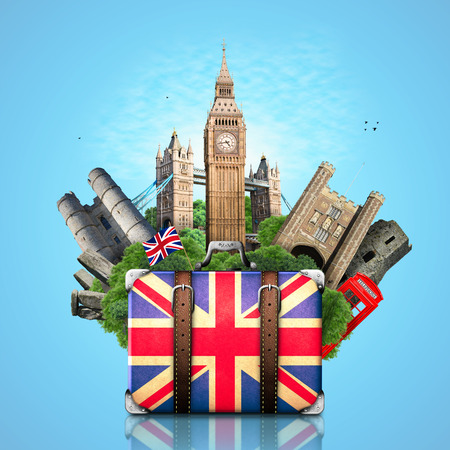 England, British landmarks, travel and retro suitcaseの写真素材