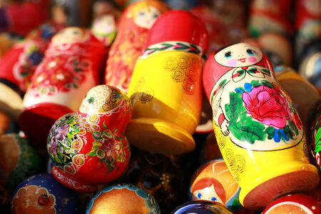 Russia, Moscow gift shop with colored dollsの写真素材