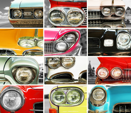 Classic cars, retro automobile collage, bumper and headlightsの写真素材