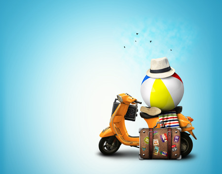 Holidays, orange scooter with a ball and a suitcaseの写真素材