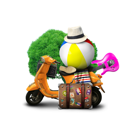 Holidays, orange scooter with a ball and a suitcaseの写真素材