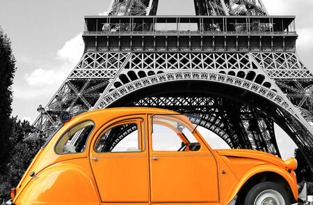 Retro car orange color purity in the street