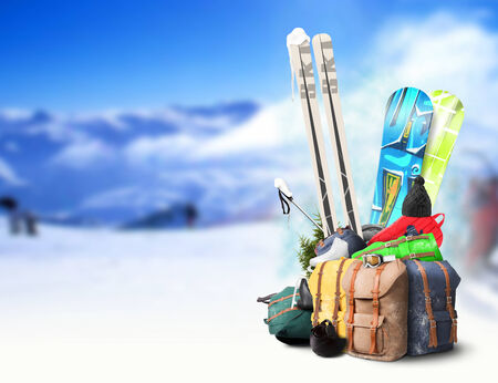 Baggage tourist skier and snowboarder, winter travelの写真素材