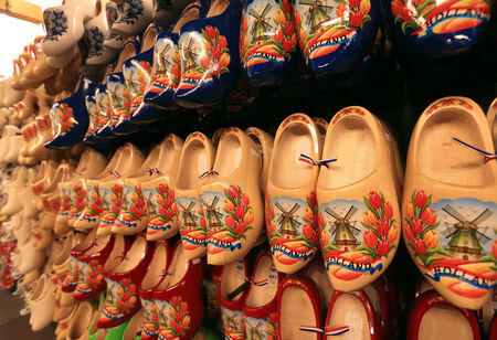 Dutch Souvenirs, a bunch of colored wooden shoesの写真素材