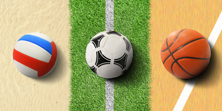 Sports balls, soccer ball on grass, basketball and volleyballの写真素材