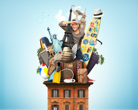 Tourist on the roof with luggage and landmarksの写真素材