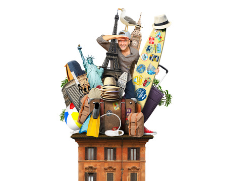 Tourist on the roof with luggage and landmarksの写真素材