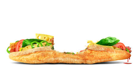 Huge sandwich with cheese, ham and green leavesの写真素材