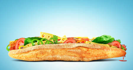 Huge sandwich with cheese, ham and green leavesの写真素材