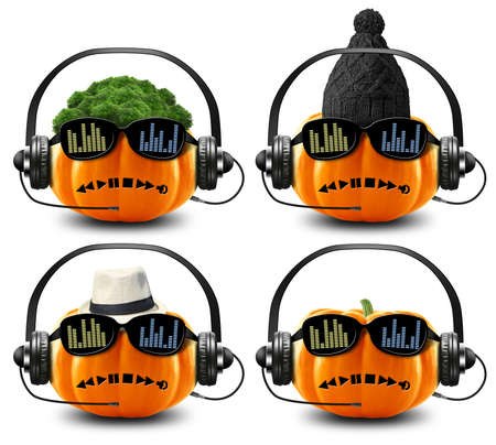 Pumpkin with headphones and in hats, Halloweenの写真素材