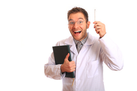 Funny joyful young doctor in glasses on white backgroundの写真素材