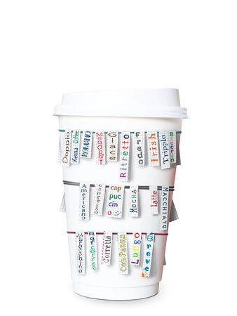 Disposable coffee Cup with cards with kinds of coffeeの写真素材