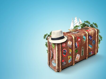 Leather suitcase of a traveler with travel stickersの写真素材