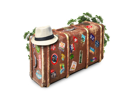 Leather suitcase of a traveler with travel stickersの写真素材