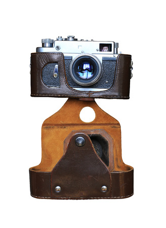Vintage camera with leather case on white backgroundの写真素材