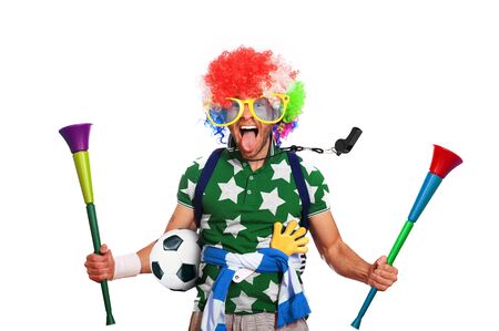 Football fan in a coloured wig and big glassesの写真素材