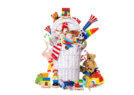 White wicker basket full of toys and giftsの写真素材