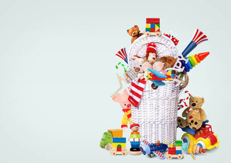 White wicker basket full of toys and giftsの写真素材