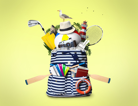 Striped sea bag with oars and plane ticketsの写真素材