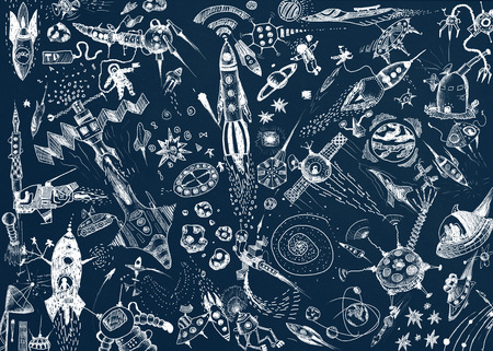 Space background with a large group of space rocketsの写真素材