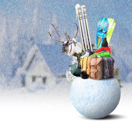 Baggage tourist skier and snowboarder, winter travelの写真素材