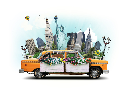 USA, classic yellow Tew York taxi and landmarksの写真素材