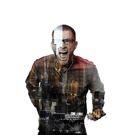 Shout, the young guy in the shirt and headphonesの写真素材