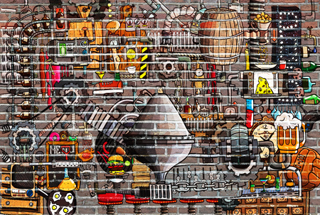 Bar, pub large illustration with beer, food and bar accessoriesの写真素材