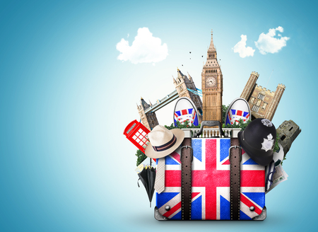 England, vintage suitcase with British flagの写真素材