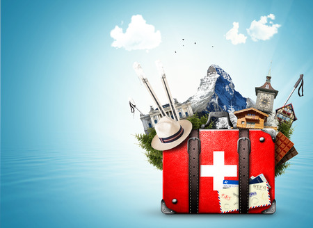 Switzerland, retro suitcase with the sights of Switzerlandの写真素材