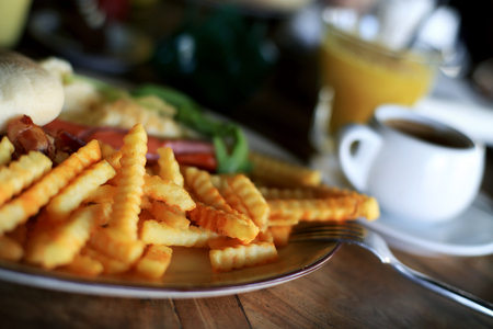 American Breakfast in a cafe with fried potatoesの写真素材