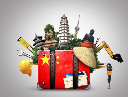 China, vintage suitcase with China flag and landmarksの写真素材
